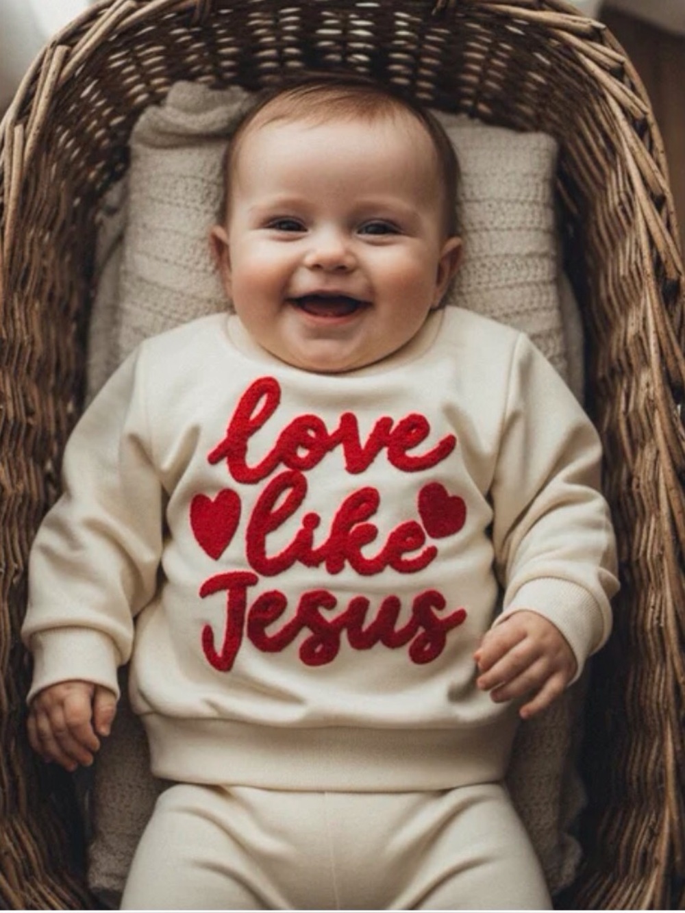 Baby Two-Piece Onzie Set Cream/Red 'Love Like Jesus' Embroidered Size-6-12 Month